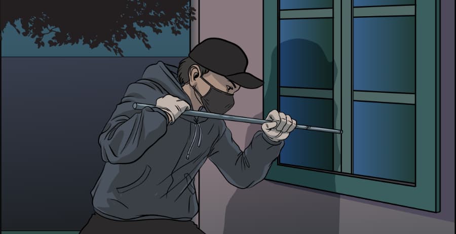 Illustration of burglar forcing entry through a window in Johnson City